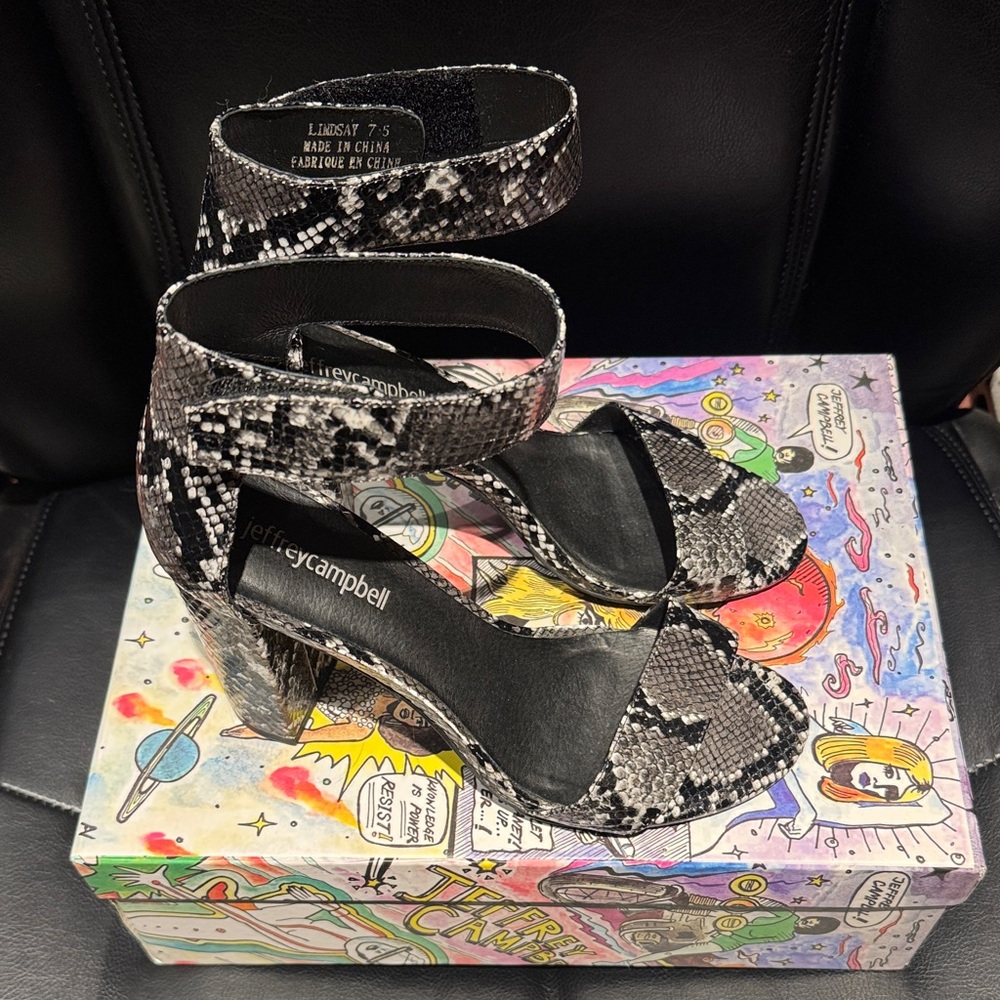 Jeffrey Campbell Black & Gray Snake-Print Ankle Strap Block Heels
